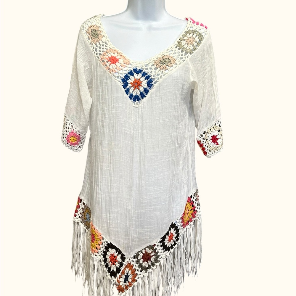 Resort Collection Boho Crochet Granny Square Fringe Cover Up Dress Size S